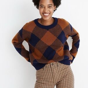 Madewell Navy & Rust Argyle Crewneck Sweater